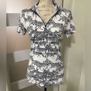 IBKUL Black and White Zebra print zip up pullover Short Sleeve Top
